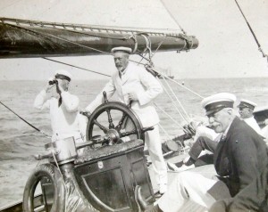 King George V racing his J-Class yacht Brittannia in Weymouth Bay.  Mr Bussell is in the right  foreground.